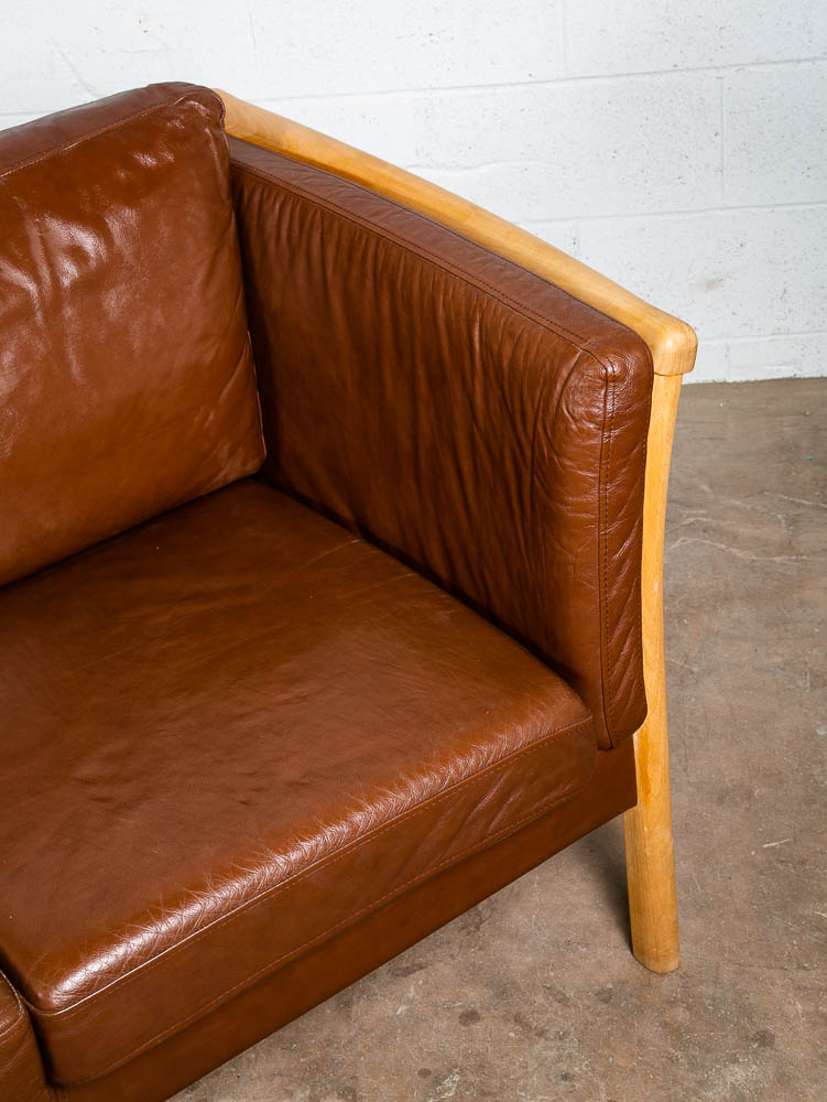 Mid Century Danish Modern Sofa Settee 2 Seater Stouby Worn Leather Brown Couch - Image 8