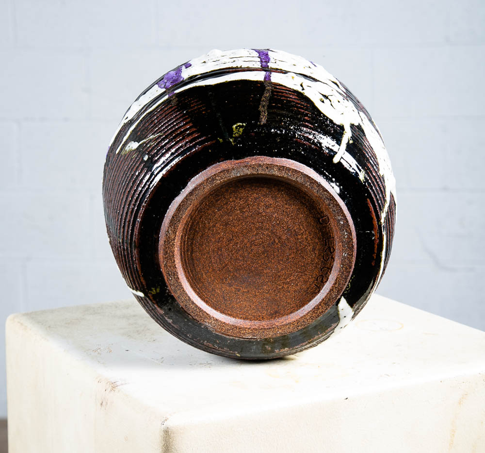 Mid Century Modern Vase Pot Studio Ceramic Bowl Signed Lester White Black Purple - Image 2