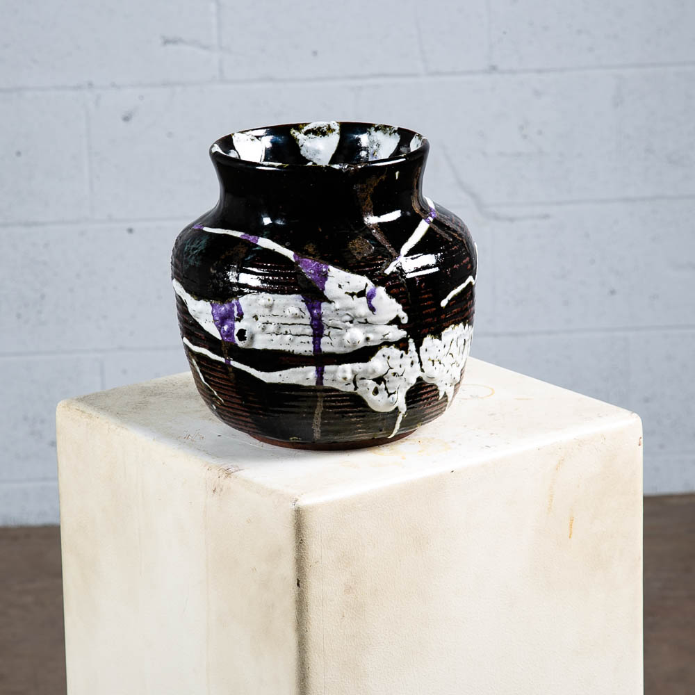 Mid Century Modern Vase Pot Studio Ceramic Bowl Signed Lester White Black Purple - Image 6