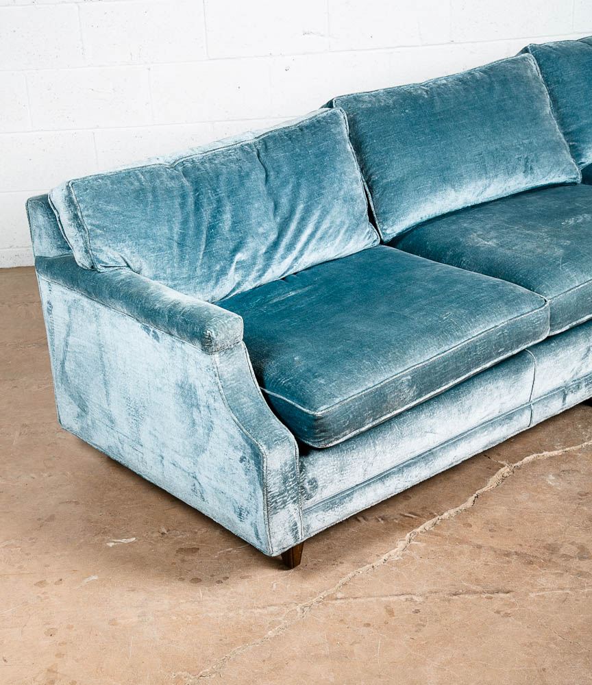 Mid Century Modern Sofa Couch Blue Velvet Velour 3 Seater Wood Legs Vintage Mcm - Image 8