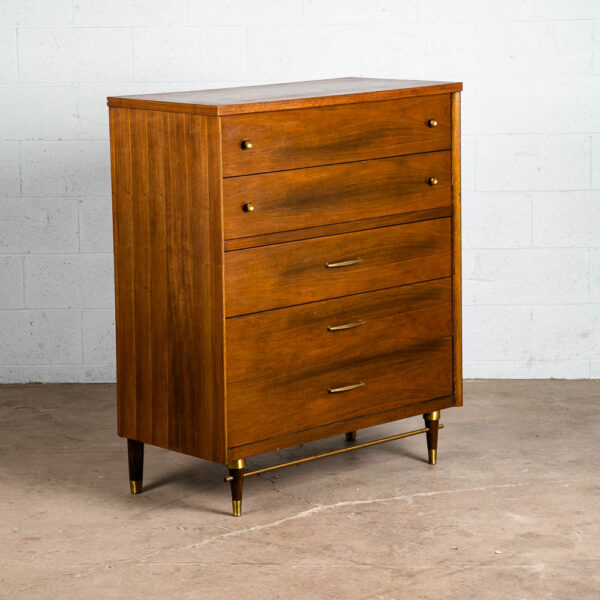 Mid Century Modern Dresser Highboy 5 Drawer Walnut Kent Coffey High Brass Trim - Image 3
