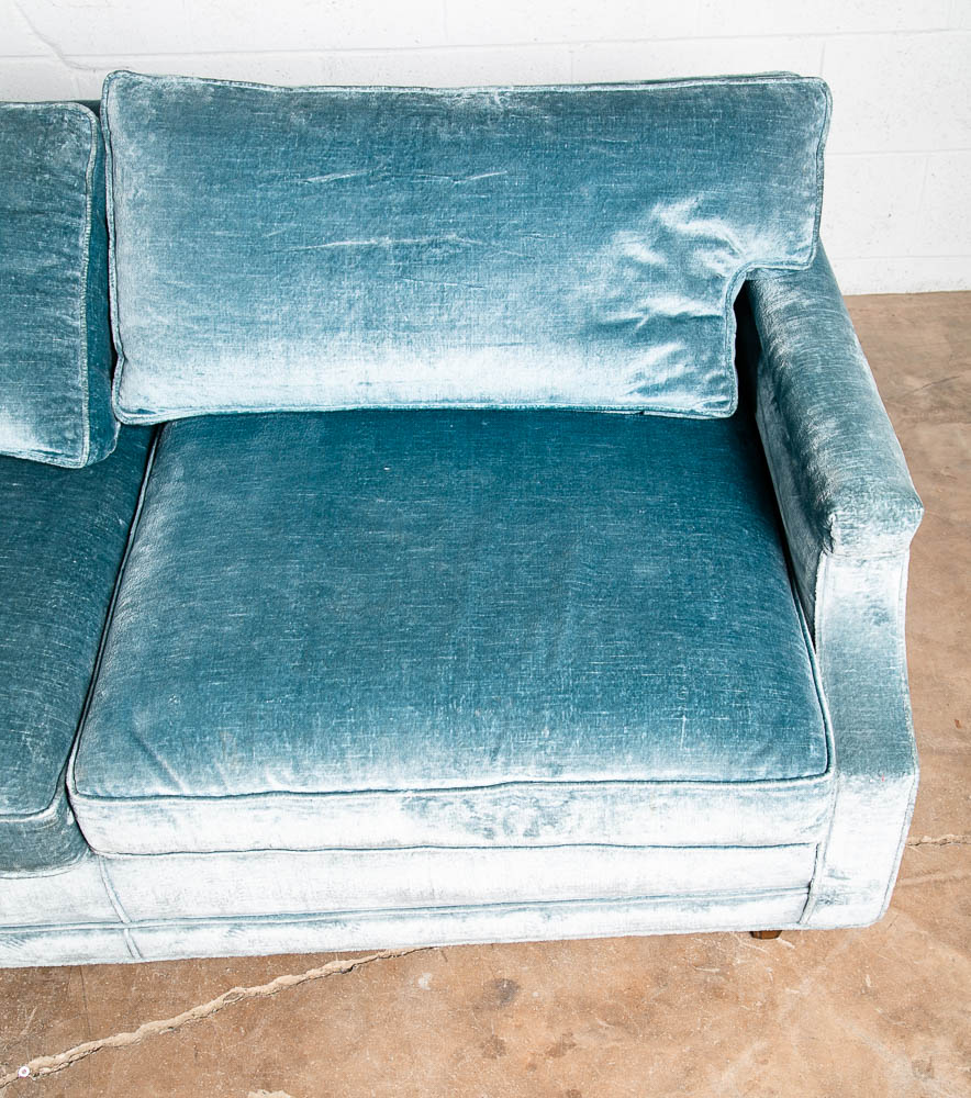 Mid Century Modern Sofa Couch Blue Velvet Velour 3 Seater Wood Legs Vintage Mcm - Image 7