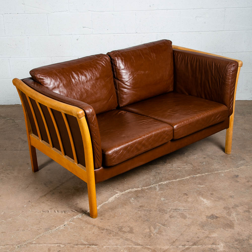 Mid Century Danish Modern Sofa Settee 2 Seater Stouby Worn Leather Brown Couch - Image 4