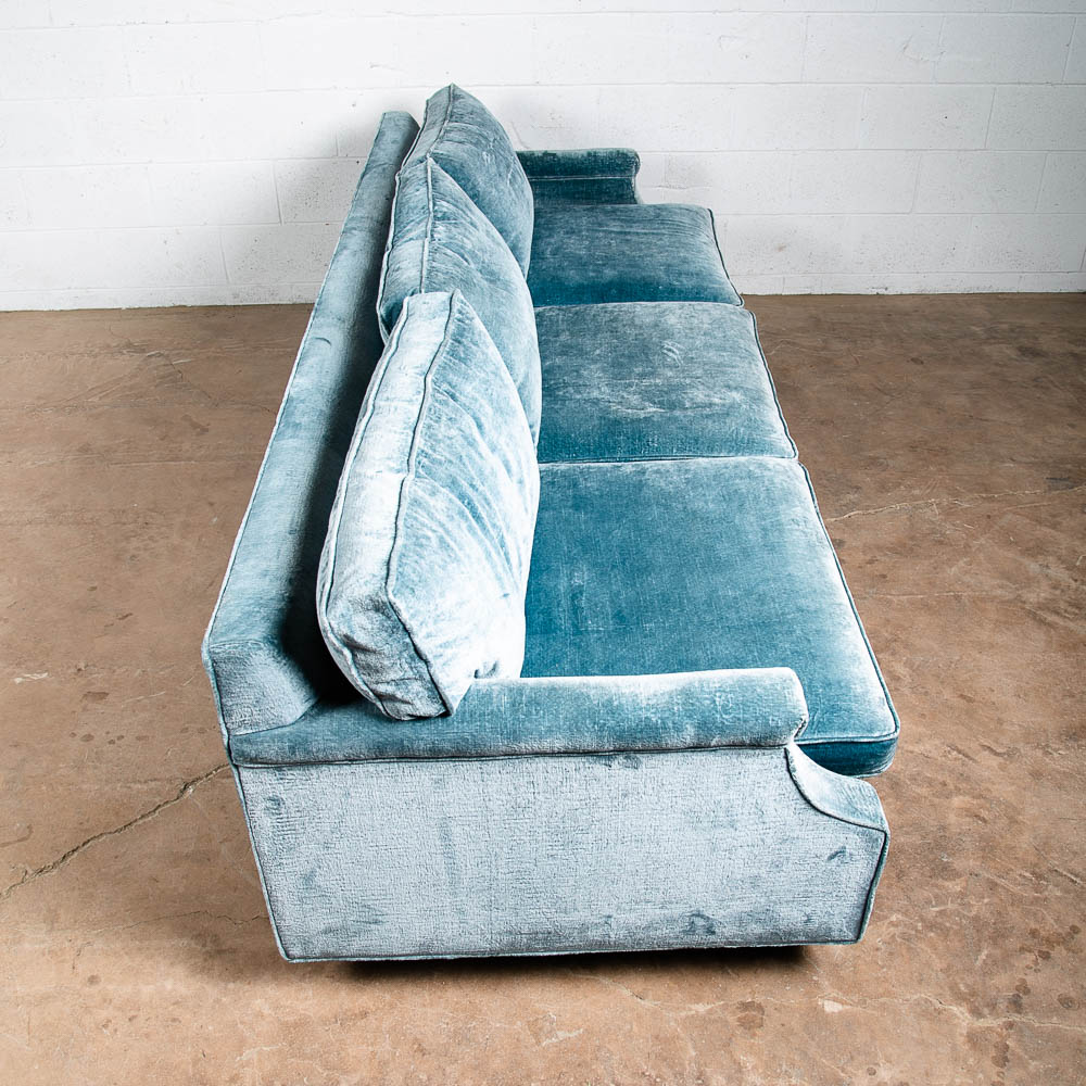 Mid Century Modern Sofa Couch Blue Velvet Velour 3 Seater Wood Legs Vintage Mcm - Image 3