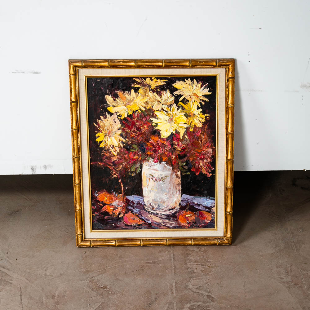 Mid Century Modern Painting Original Oil Art Flowers Floral Colorful Red Yellow - Image 3