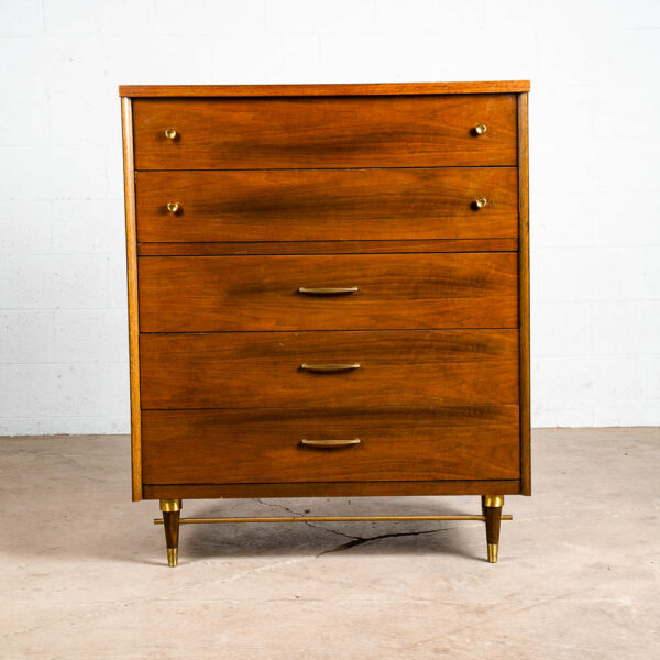 Mid Century Modern Dresser Highboy 5 Drawer Walnut Kent Coffey High Brass Trim - Image 2
