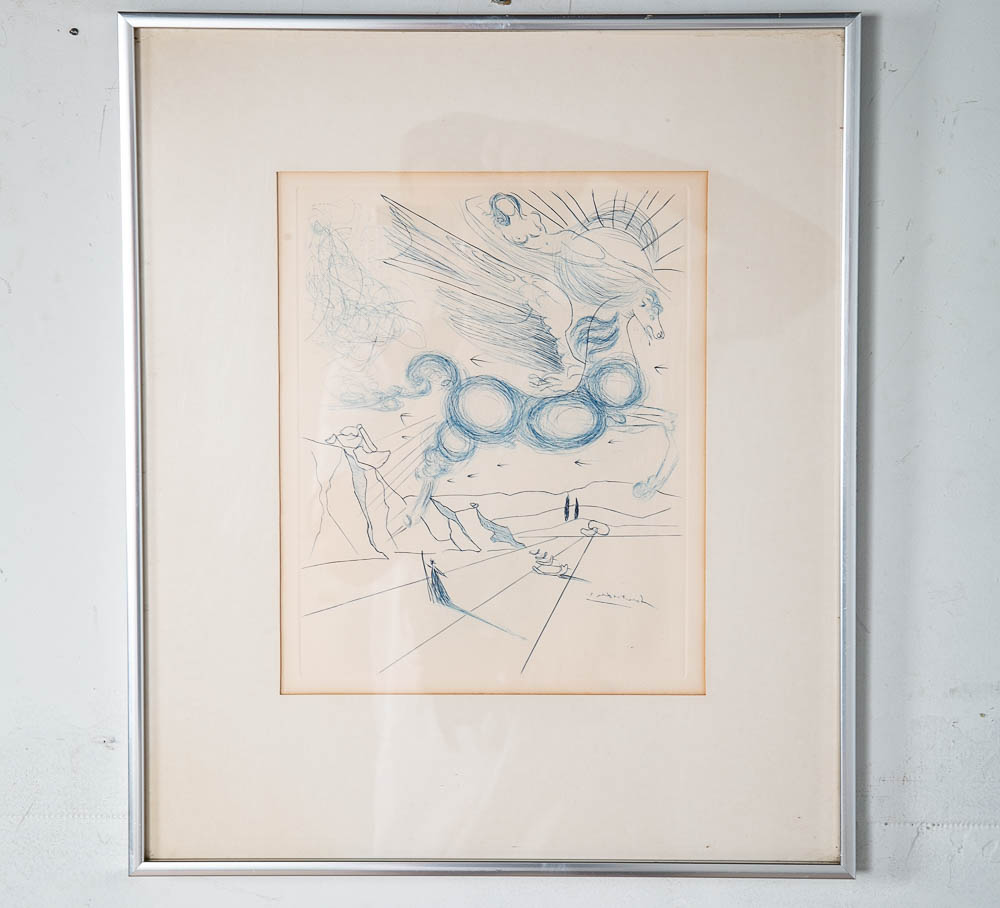 Mid Century Modern Original Art Plate Salvador Dali Signed Pegasus Flight Angel