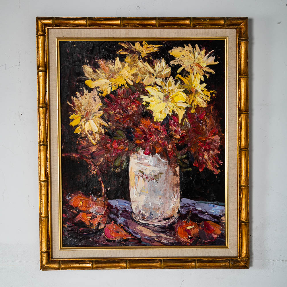 Mid Century Modern Painting Original Oil Art Flowers Floral Colorful Red Yellow