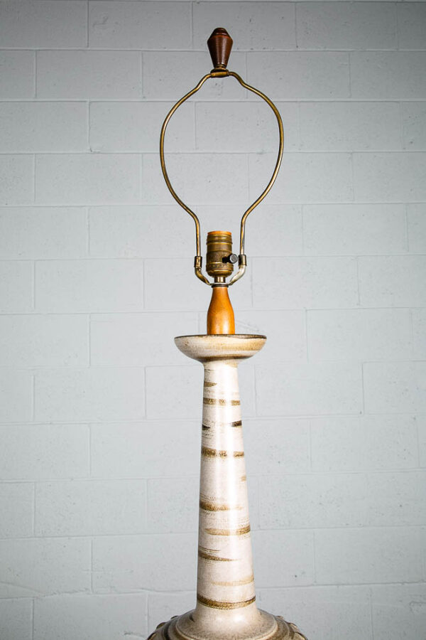 Mid Century Modern Table Lamp Ceramic Walnut Large Art White Brown Textured - Image 2