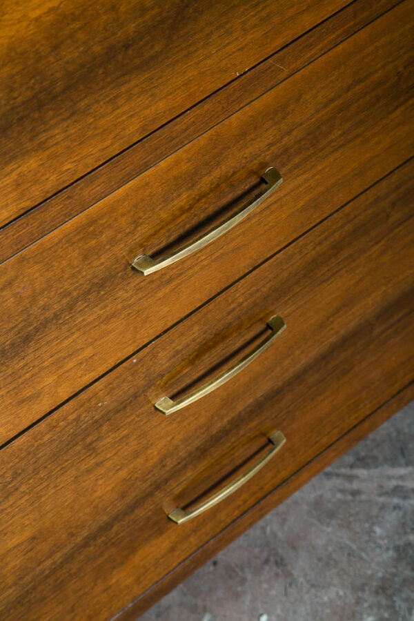 Mid Century Modern Dresser Highboy 5 Drawer Walnut Kent Coffey High Brass Trim - Image 8