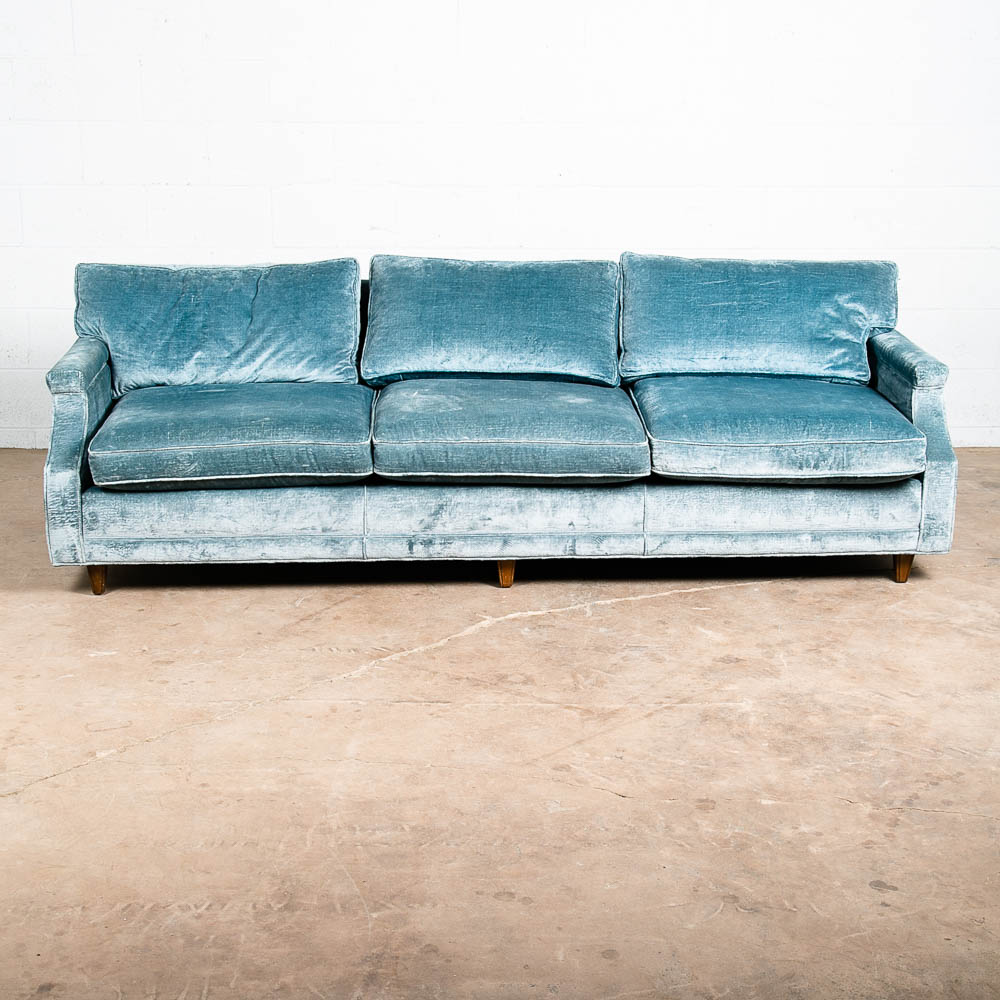 Mid Century Modern Sofa Couch Blue Velvet Velour 3 Seater Wood Legs Vintage Mcm - Image 5
