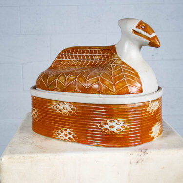 Mid Century Modern Casserole Platter Stoneware Art Pot Brown Tan Bird Mcm Tribal