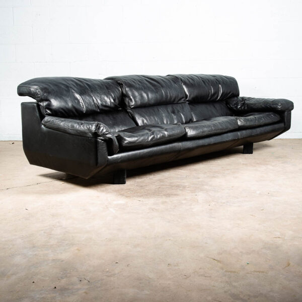 Mid Century Post Modern Leather Sofa Couch 3 Seater Marco Zani Italy Black 80s