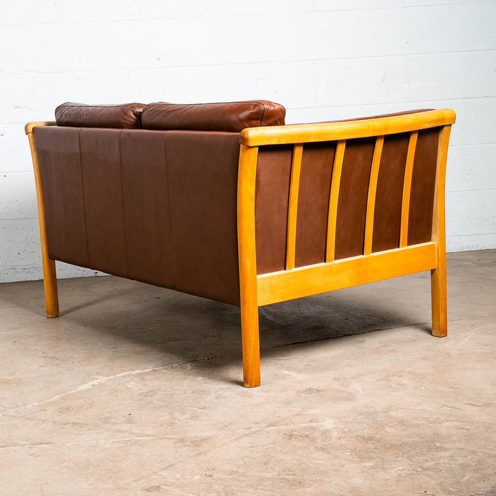 Mid Century Danish Modern Sofa Settee 2 Seater Stouby Worn Leather Brown Couch - Image 3