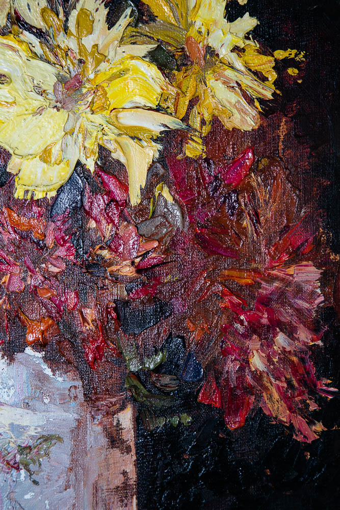 Mid Century Modern Painting Original Oil Art Flowers Floral Colorful Red Yellow - Image 8