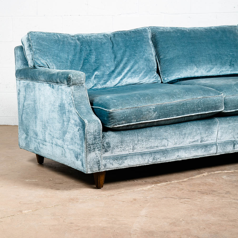 Mid Century Modern Sofa Couch Blue Velvet Velour 3 Seater Wood Legs Vintage Mcm - Image 9