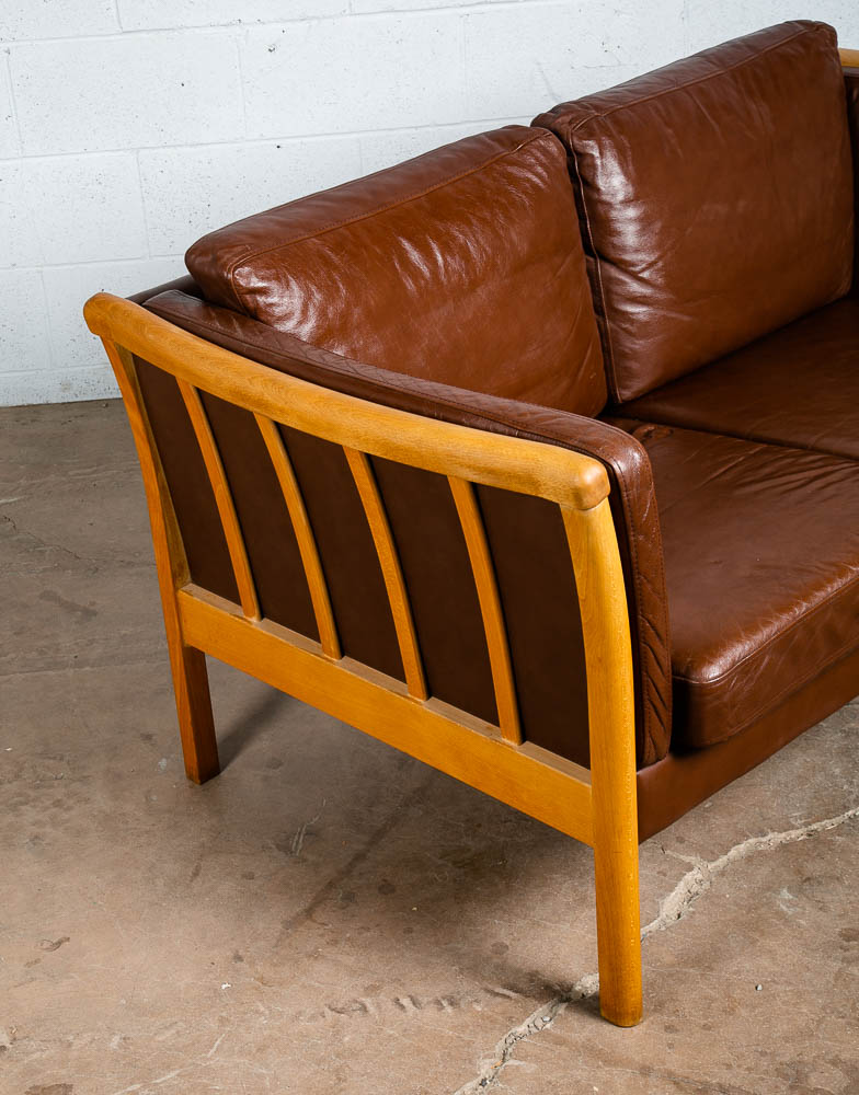 Mid Century Danish Modern Sofa Settee 2 Seater Stouby Worn Leather Brown Couch - Image 7