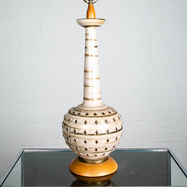 Mid Century Modern Table Lamp Ceramic Walnut Large Art White Brown Textured
