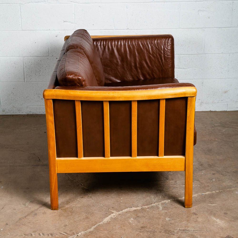 Mid Century Danish Modern Sofa Settee 2 Seater Stouby Worn Leather Brown Couch - Image 5