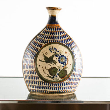 Mid Century Modern Pottery Vase Studio Salvador Carmona Blue White Black Bird