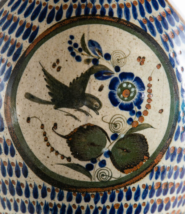 Mid Century Modern Pottery Vase Studio Salvador Carmona Blue White Black Bird - Image 11