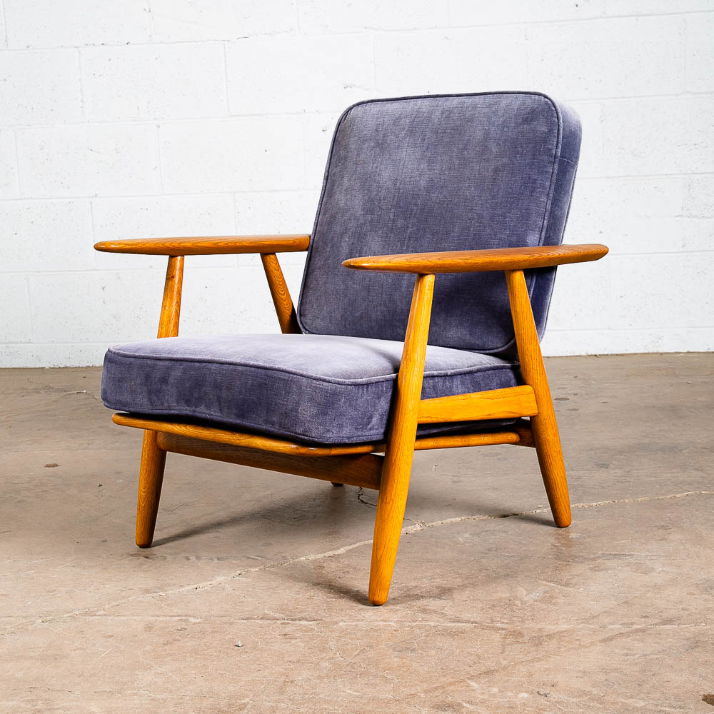 Mid Century Danish Modern Lounge Chair Hans Wegner Cigar GE-240 Blue Oak Arm Armchair Velour - Image 4