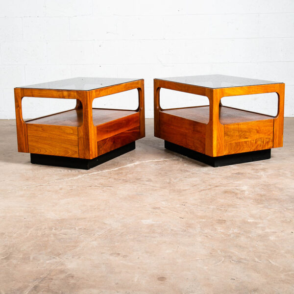 Mid Century Modern Nightstands End Side Tables Brown Saltman Drawer Smoked Glass Drawer Solid Walnut Pair