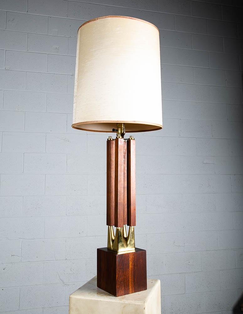 Mid Century Modern Table Lamp Sculptural Solid Walnut Wood Laurel Brass Large - Image 3