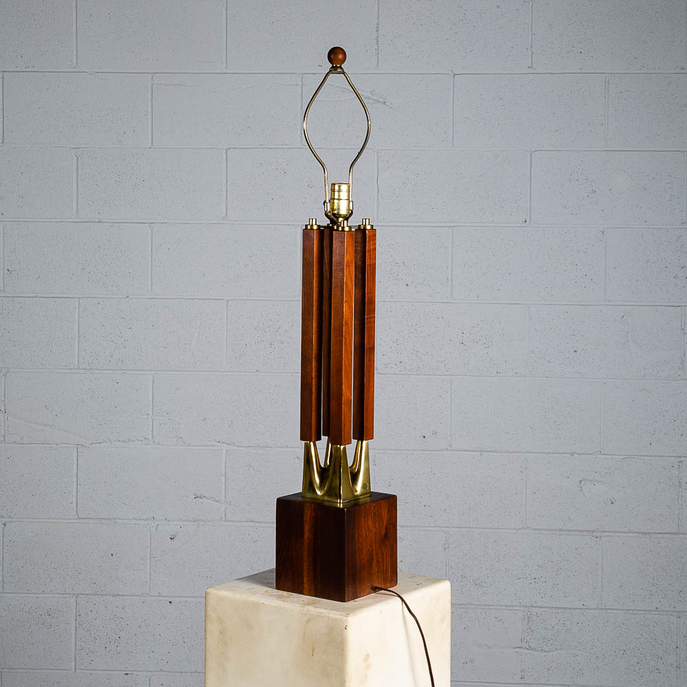 Mid Century Modern Table Lamp Sculptural Solid Walnut Wood Laurel Brass Large - Image 2