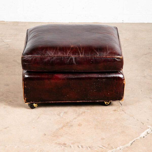 Mid Century Modern Ottoman Foot Stool Brown Leather Rolling Worn Vintage Mcm - Image 3