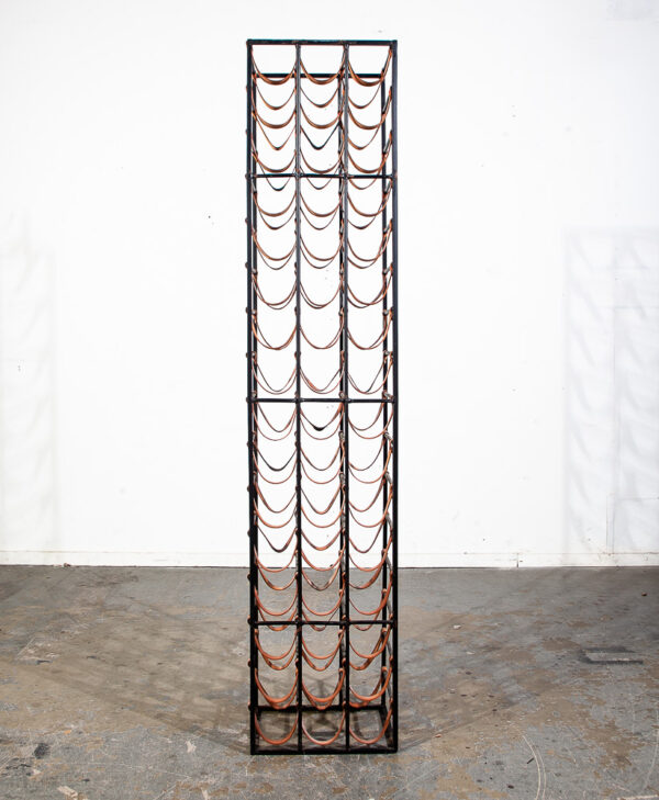 Mid Century Modern Wine Rack Arthur Umanoff Wrought Iron Leather Straps Wood Vintage 48 Bottles - Image 2