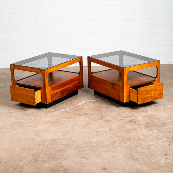 Mid Century Modern Nightstands End Side Tables Brown Saltman Drawer Smoked Glass Drawer Solid Walnut Pair - Image 4