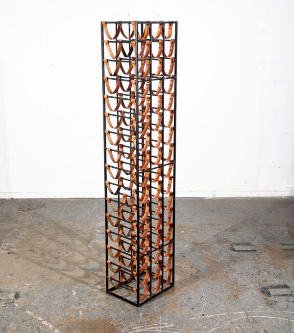 Mid Century Modern Wine Rack Arthur Umanoff Wrought Iron Leather Straps Wood Vintage 48 Bottles - Image 5