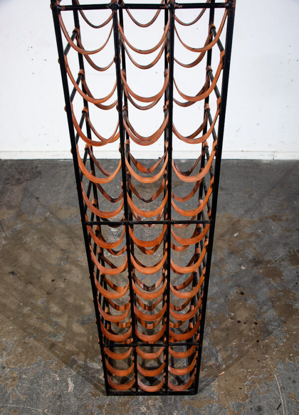 Mid Century Modern Wine Rack Arthur Umanoff Wrought Iron Leather Straps Wood Vintage 48 Bottles - Image 3