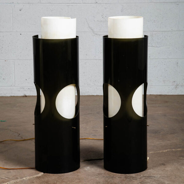 Mid Century Modern Table Lamp Set Pair Black White Plexiglass Light Round Space