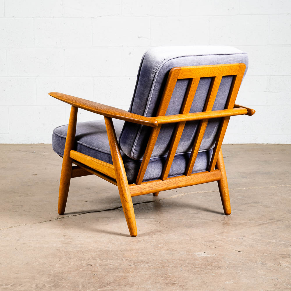 Mid Century Danish Modern Lounge Chair Hans Wegner Cigar GE-240 Blue Oak Arm Armchair Velour - Image 3