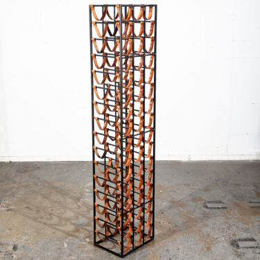 Mid Century Modern Wine Rack Arthur Umanoff Wrought Iron Leather Straps Wood Vintage 48 Bottles