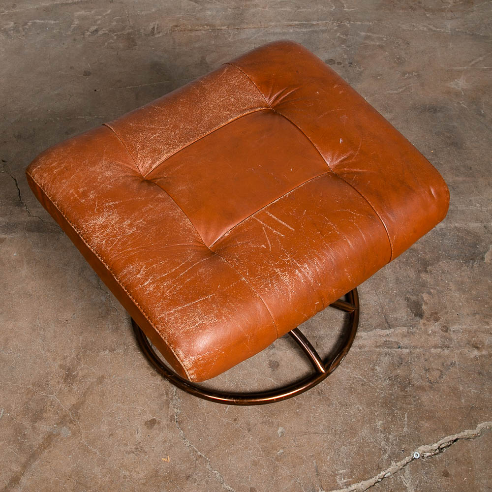 Mid Century Danish Modern Ottoman Stool Cognac Leather Ekornes Metal Swivel Mcm - Image 3