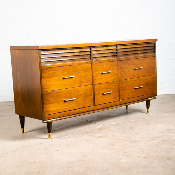 Mid Century Danish Modern Credenza Dresser Bassett Walnut 9 Drawer Danish Mcm