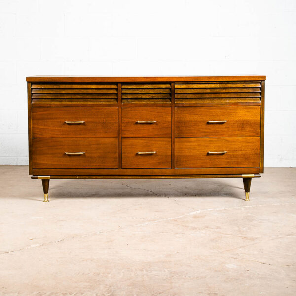 Mid Century Danish Modern Credenza Dresser Bassett Walnut 9 Drawer Danish Mcm - Image 2