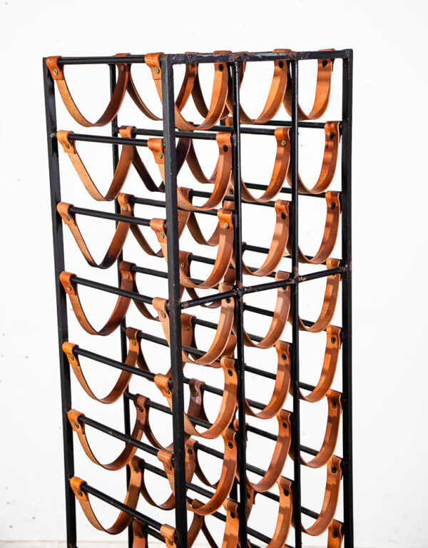Mid Century Modern Wine Rack Arthur Umanoff Wrought Iron Leather Straps Wood Vintage 48 Bottles - Image 6