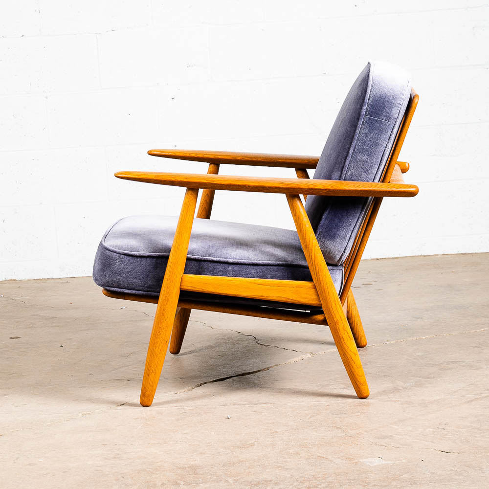 Mid Century Danish Modern Lounge Chair Hans Wegner Cigar GE-240 Blue Oak Arm Armchair Velour - Image 2