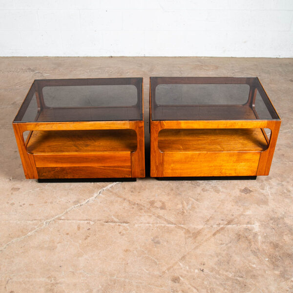 Mid Century Modern Nightstands End Side Tables Brown Saltman Drawer Smoked Glass Drawer Solid Walnut Pair - Image 3