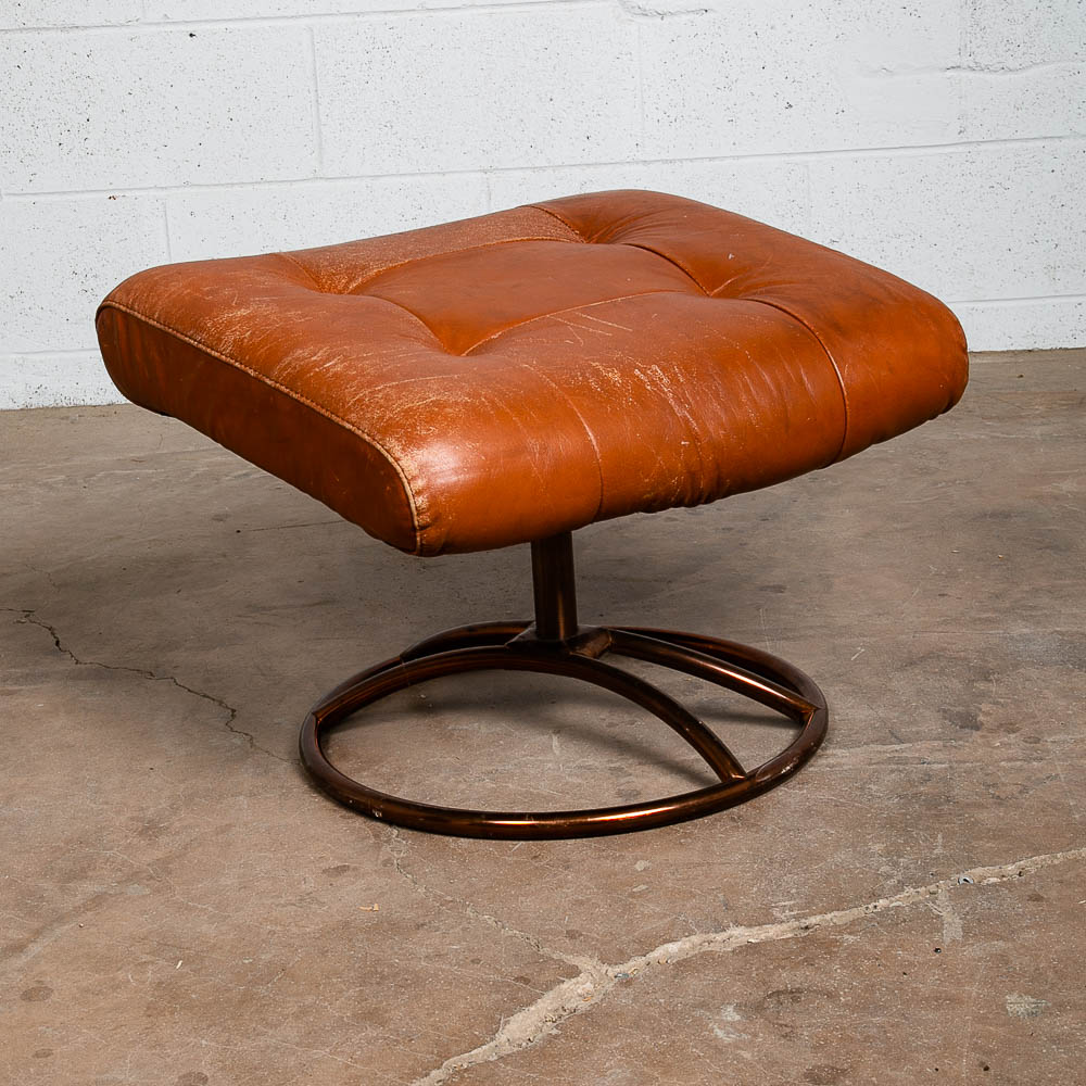 Mid Century Danish Modern Ottoman Stool Cognac Leather Ekornes Metal Swivel Mcm