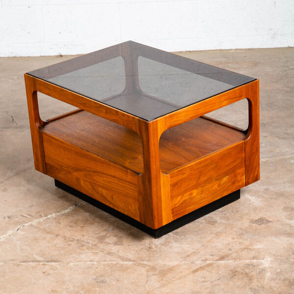 Mid Century Modern Nightstands End Side Tables Brown Saltman Drawer Smoked Glass Drawer Solid Walnut Pair - Image 8