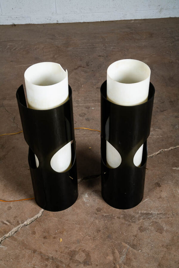Mid Century Modern Table Lamp Set Pair Black White Plexiglass Light Round Space - Image 2