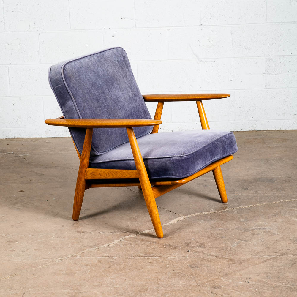 Mid Century Danish Modern Lounge Chair Hans Wegner Cigar GE-240 Blue Oak Arm Armchair Velour