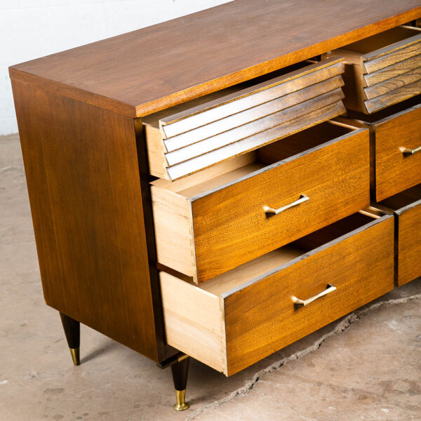 Mid Century Danish Modern Credenza Dresser Bassett Walnut 9 Drawer Danish Mcm - Image 9