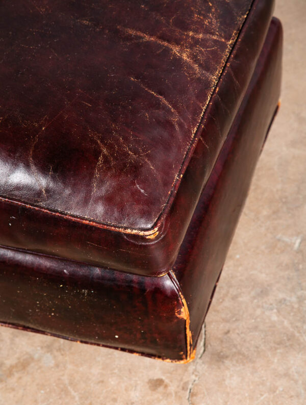 Mid Century Modern Ottoman Foot Stool Brown Leather Rolling Worn Vintage Mcm - Image 6