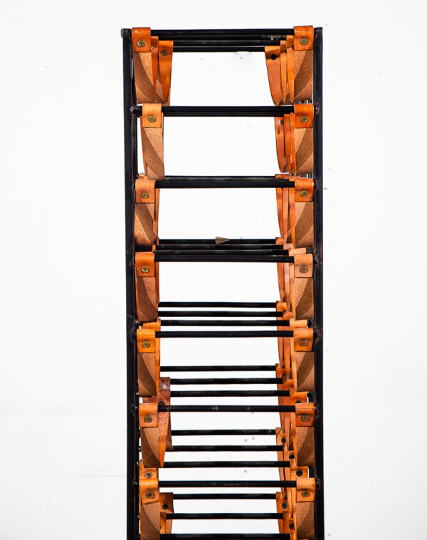Mid Century Modern Wine Rack Arthur Umanoff Wrought Iron Leather Straps Wood Vintage 48 Bottles - Image 10